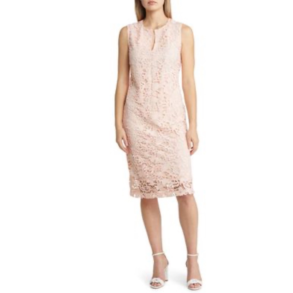 Ming Wang Floral Lace Sheath Dress in Pink Satin